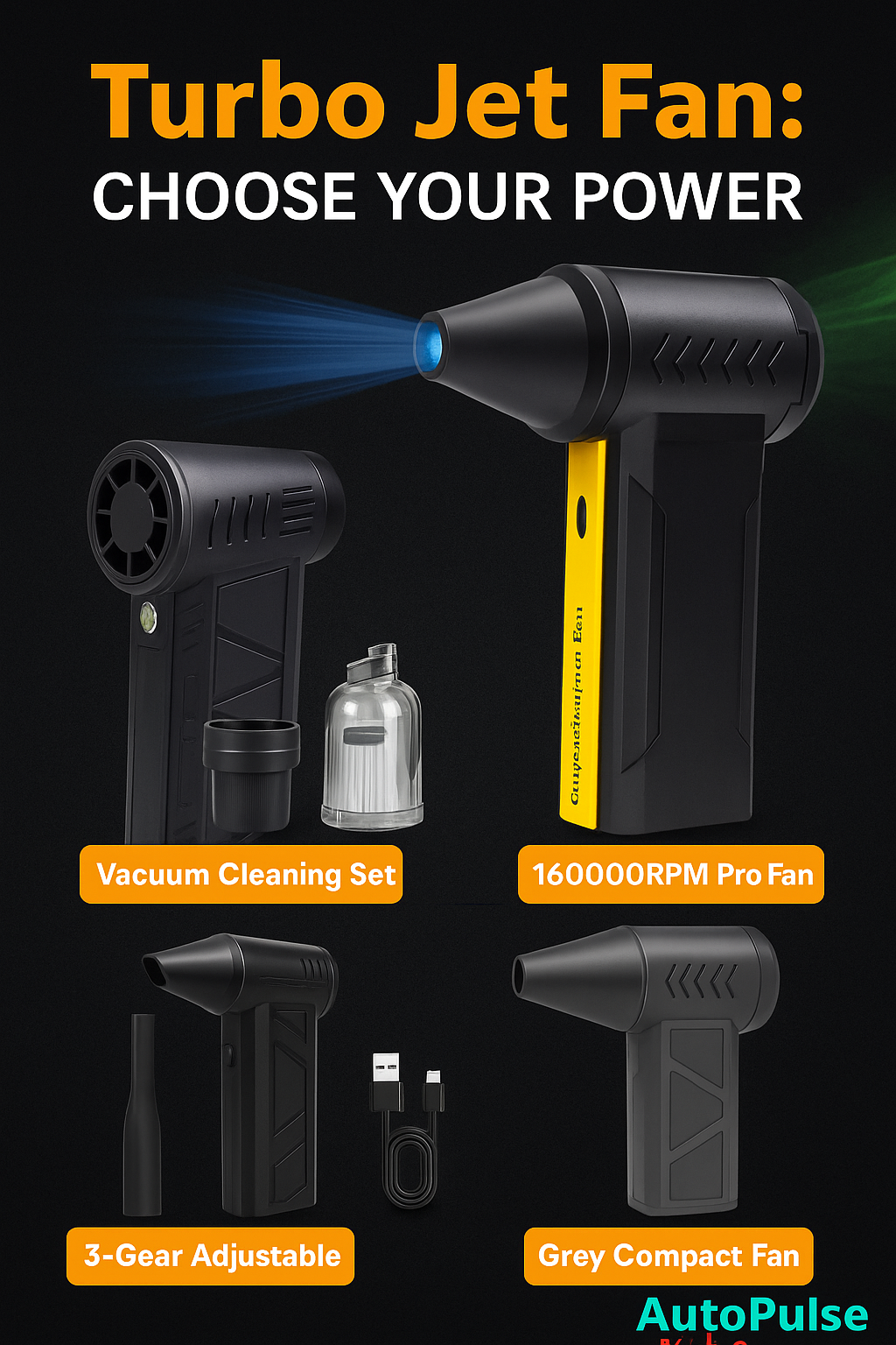 Turbo Jet Blower 4-in-1 โ Air Duster | Vacuum | Pro Fan | Compact Cleaner