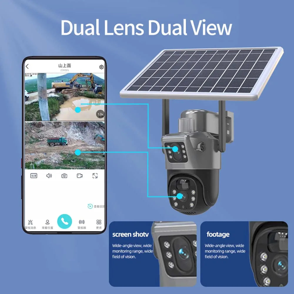 SolarGuard 4K – Dual-Lens WiFi Security Camera with Solar Panel & PTZ Control