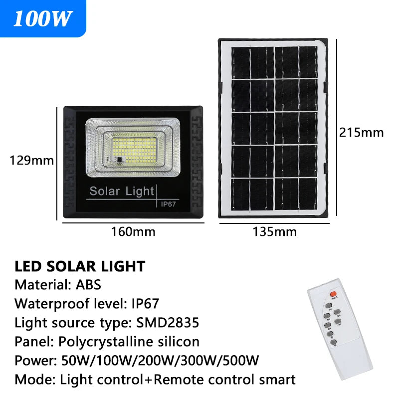 Outdoor LED Solar Floodlight â 50W / 100W / 200W / 300W â Waterproof with Remote Control