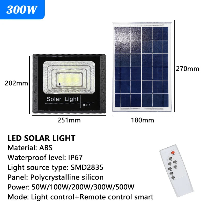 Outdoor LED Solar Floodlight â 50W / 100W / 200W / 300W â Waterproof with Remote Control