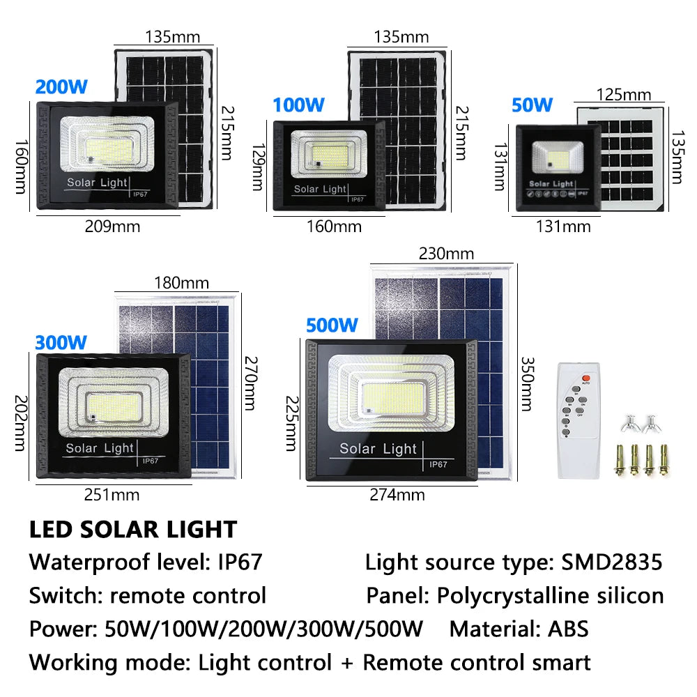 Outdoor LED Solar Floodlight â 50W / 100W / 200W / 300W â Waterproof with Remote Control