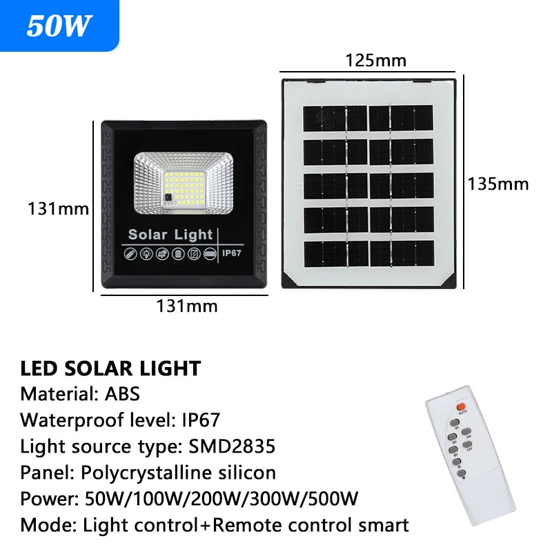 Outdoor LED Solar Floodlight â 50W / 100W / 200W / 300W â Waterproof with Remote Control