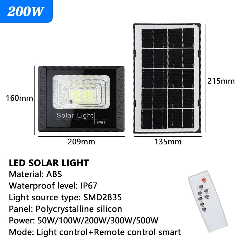 Outdoor LED Solar Floodlight â 50W / 100W / 200W / 300W â Waterproof with Remote Control