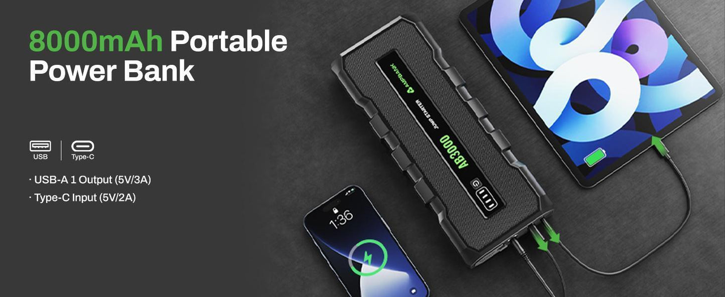 AB3000 12V Car Jump Starter – Compact Power Bank for Gas & Diesel Engines