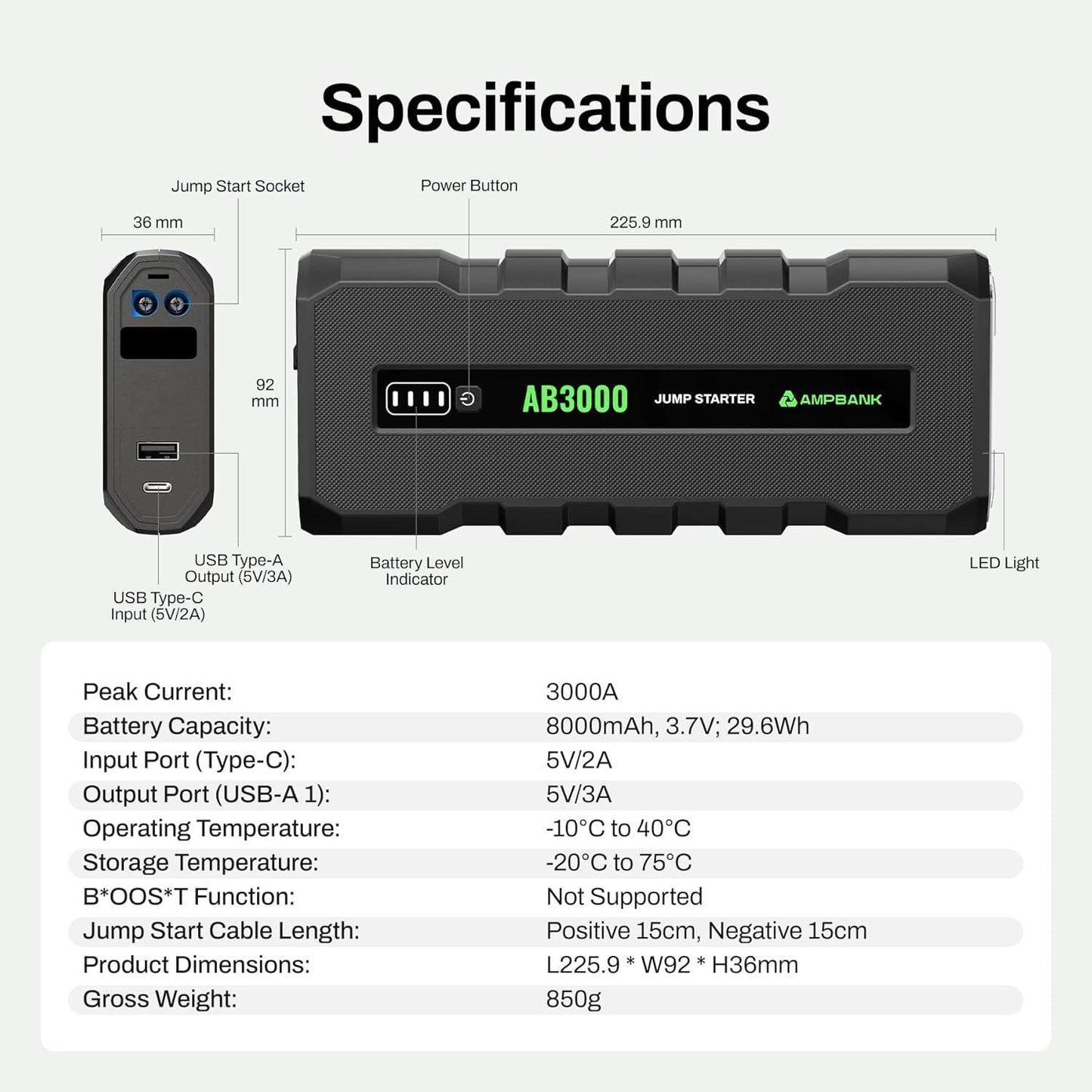 AB3000 12V Car Jump Starter – Compact Power Bank for Gas & Diesel Engines