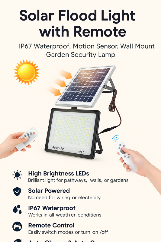 Solar Flood Light with Remote – IP67 Waterproof, Motion Sensor, Wall Mount Garden Security Lamp