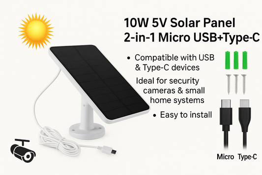 10W 5V Solar Panel with Dual Micro USB & Type-C Output – Ideal for Security Cameras & Small Devices