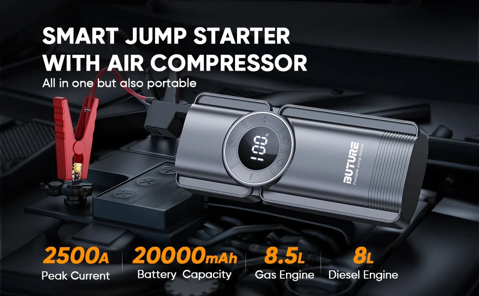 Buture 4-in-1 Jump Starter 2500A – Air Compressor, Power Bank & LED