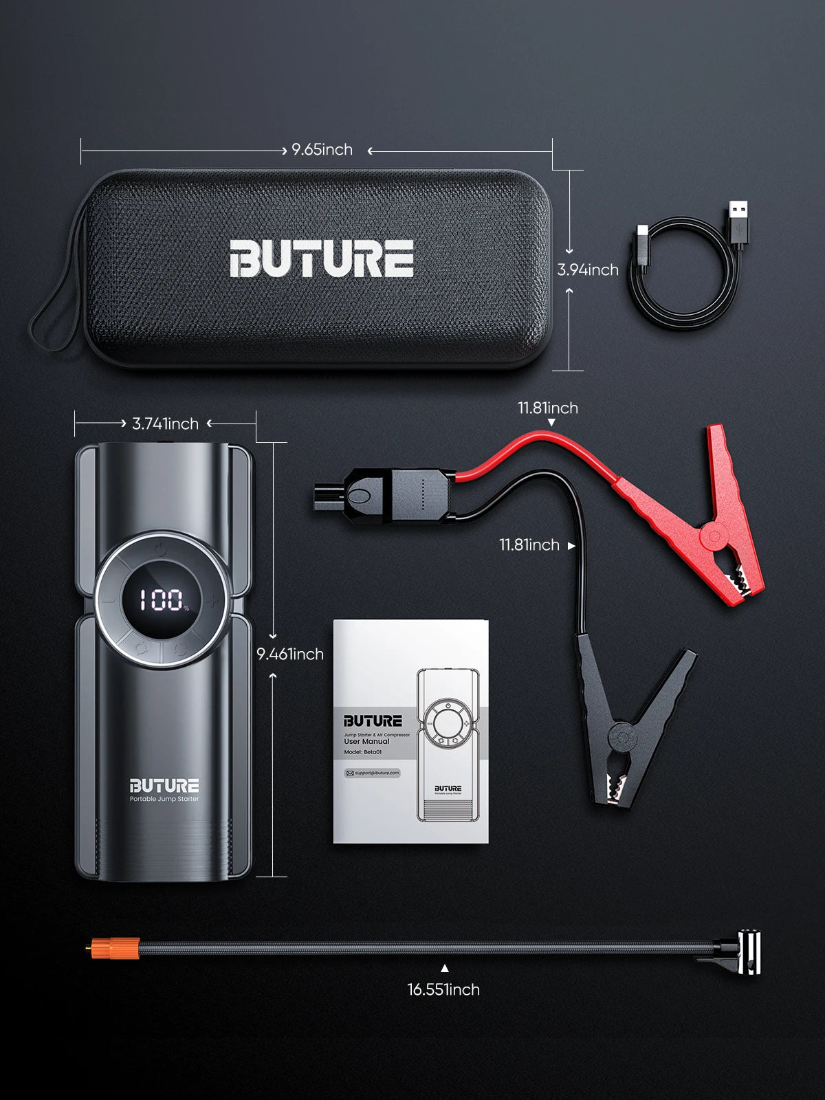 Buture 4-in-1 Jump Starter 2500A – Air Compressor, Power Bank & LED