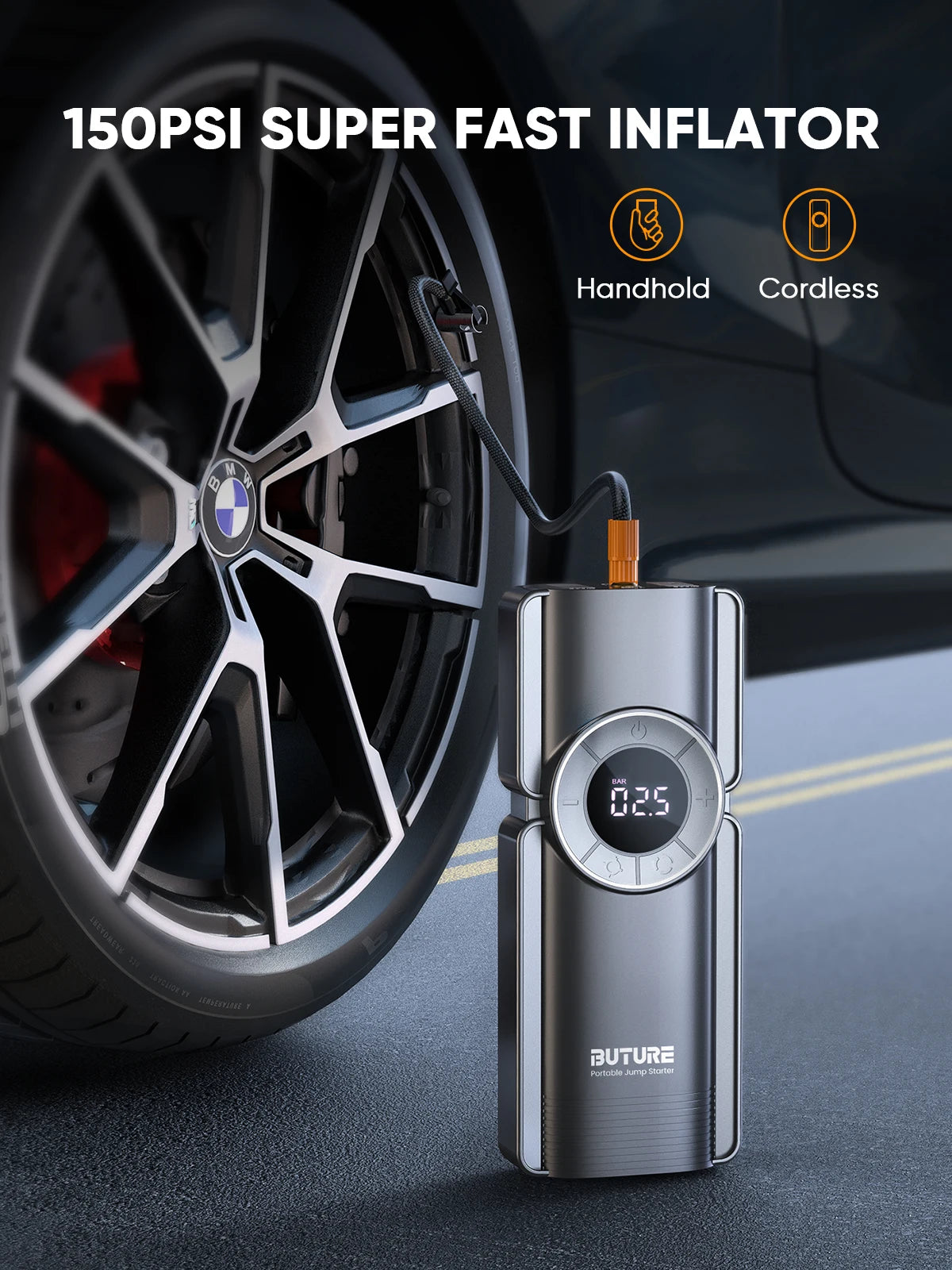 Buture 4-in-1 Jump Starter 2500A – Air Compressor, Power Bank & LED